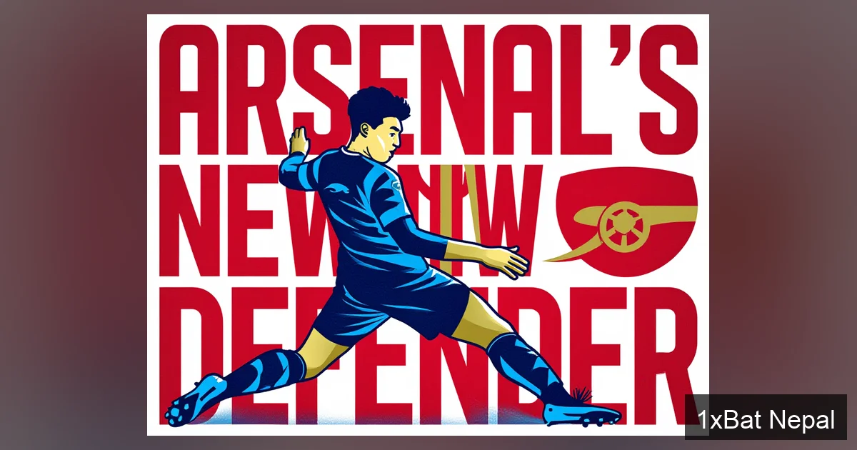 Flat vector art poster of a young Arsenal centre-back making a sliding tackle, with bold 'ARSENAL'S NEW DEFENDER' text, in navy blue, crimson red, and gold colors, minimalist style.