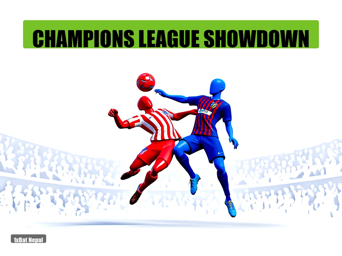Atlético Madrid vs Barcelona Champions League clash: Red-skinned Atlético player in red/white stripes heads the ball against blue-skinned Barcelona opponent in blue/red stripes, dynamic action on white minimalist pitch.