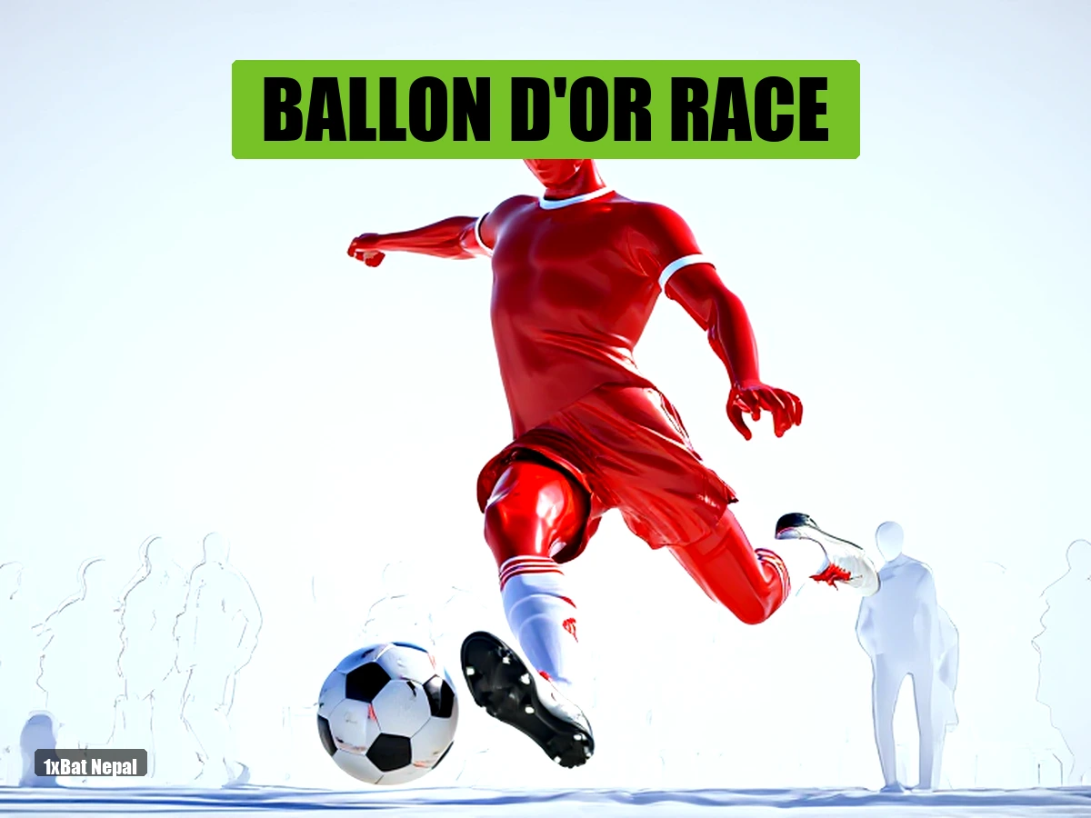 A faceless red-skinned footballer in a Bayern Munich red and white kit leaps to powerfully strike a football against a pure white minimalist background, representing Harry Kane's Ballon d'Or 2026 campaign.