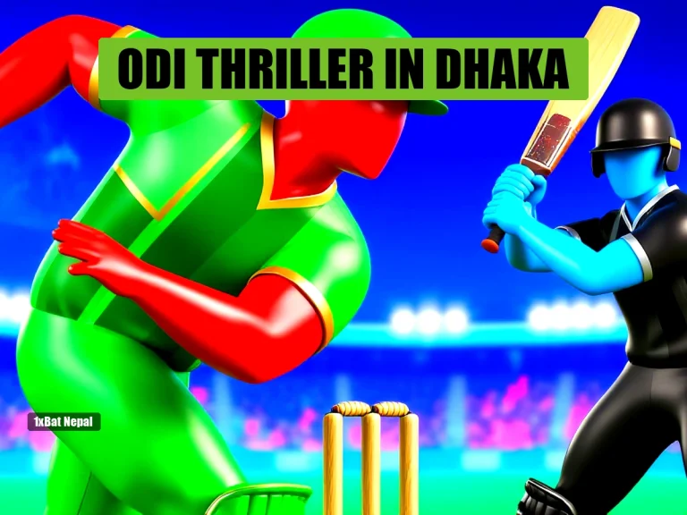 Faceless red-skinned Bangladeshi cricketer in green and gold kit bowling to a faceless blue-skinned New Zealand batter in black and silver kit during a tense ODI match in a vibrant stadium setting.