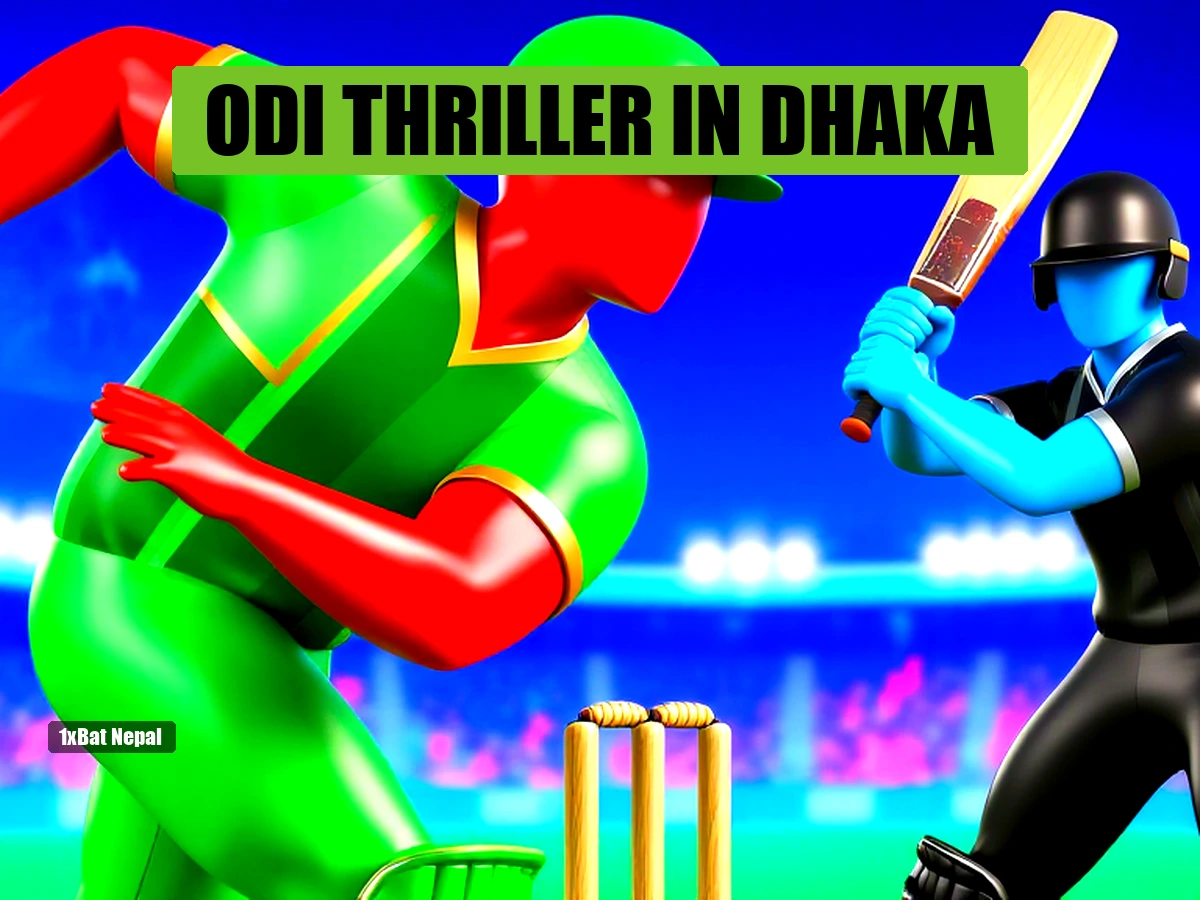 Faceless red-skinned Bangladeshi cricketer in green and gold kit bowling to a faceless blue-skinned New Zealand batter in black and silver kit during a tense ODI match in a vibrant stadium setting.