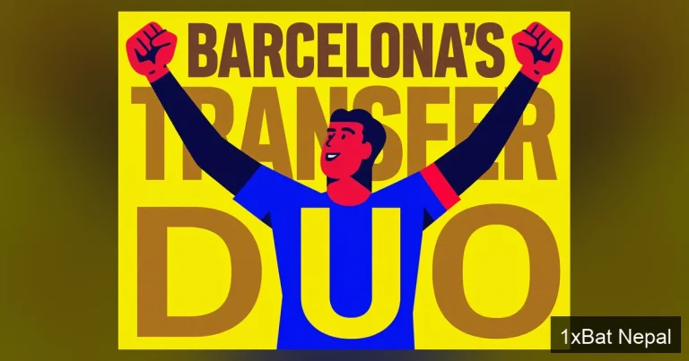 Screen-printed poster of Kosovan striker Vesnik Aslani celebrating a goal with bold text 'BARCELONA'S TRANSFER DUO' in flat vector style, representing Barcelona's pursuit of Aslani and Luka Vuskovic.