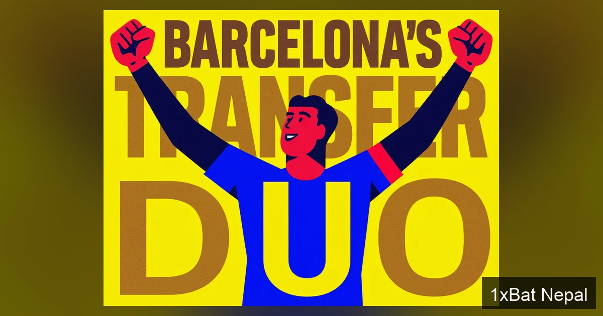 Screen-printed poster of Kosovan striker Vesnik Aslani celebrating a goal with bold text 'BARCELONA'S TRANSFER DUO' in flat vector style, representing Barcelona's pursuit of Aslani and Luka Vuskovic.