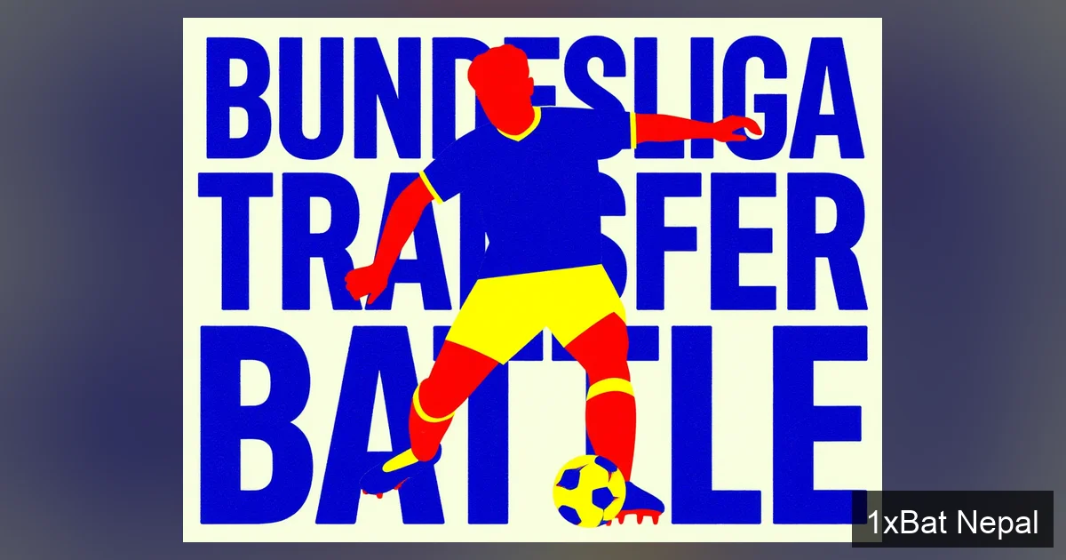 Screen-printed graphic poster of a Bundesliga midfielder in action with bold text reading BUNDESLIGA TRANSFER BATTLE, featuring flat vector art in navy blue, crimson red, and electric yellow colors with halftone texture.