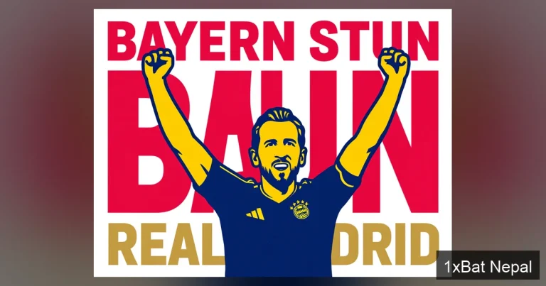 Flat vector art poster of Harry Kane celebrating a goal for Bayern Munich against Real Madrid, with bold text reading 'BAYERN STUN REAL MADRID' in a minimalist Champions League quarter-final design.