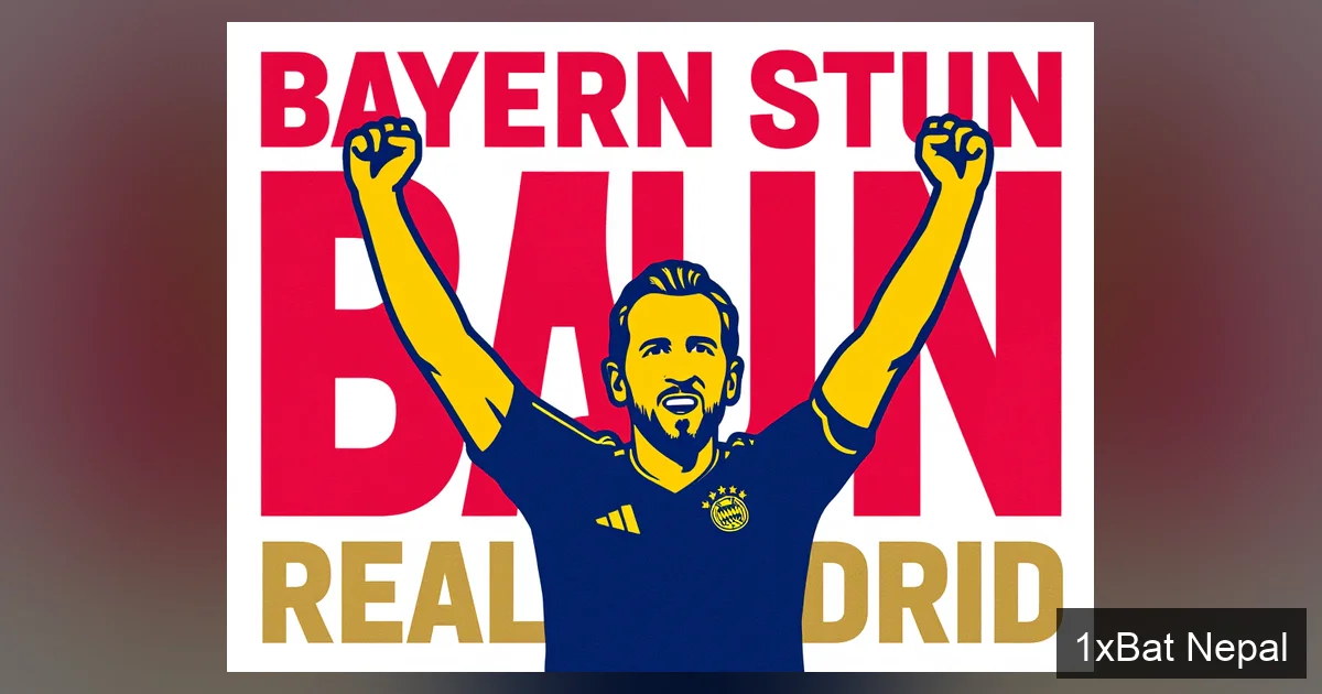 Flat vector art poster of Harry Kane celebrating a goal for Bayern Munich against Real Madrid, with bold text reading 'BAYERN STUN REAL MADRID' in a minimalist Champions League quarter-final design.