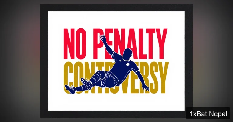 Flat vector art poster of Bayern Munich's Michael Olise falling in penalty area during controversial no-call against Real Madrid, with bold text 'NO PENALTY CONTROVERSY' in Champions League match.