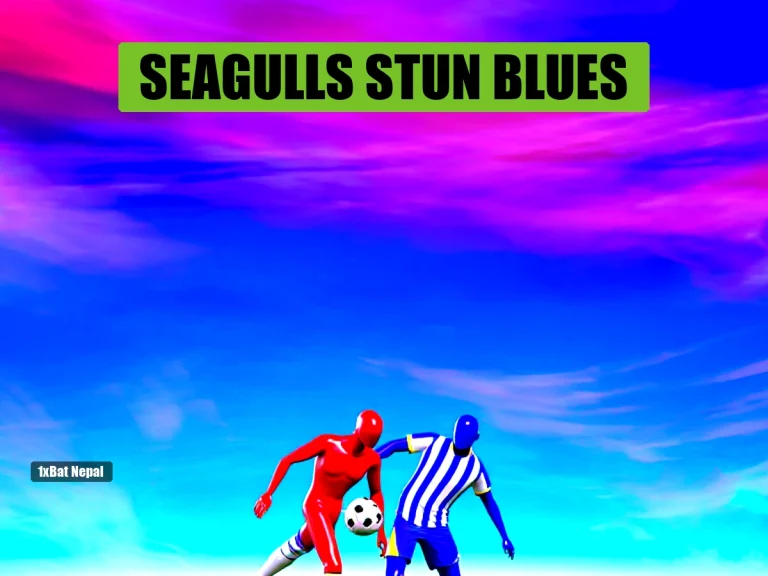 Brighton 3-0 Chelsea: Faceless red-skinned Brighton player scores against faceless blue-skinned Chelsea defender in Premier League match at Amex Stadium