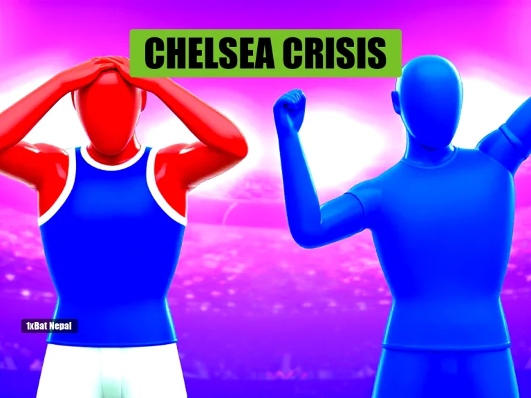 Faceless red-skinned Chelsea player in blue kit dejected after defeat, with faceless blue-skinned opponent celebrating, stadium background