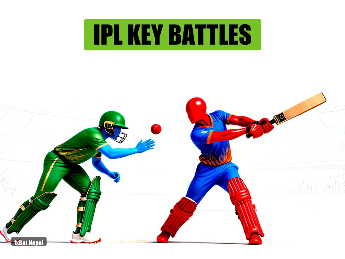 CSK vs KKR IPL 2026 key player battle: Red-skinned CSK batter in blue kit swings bat against blue-skinned KKR bowler in green kit, dynamic cricket action on white minimalist background.