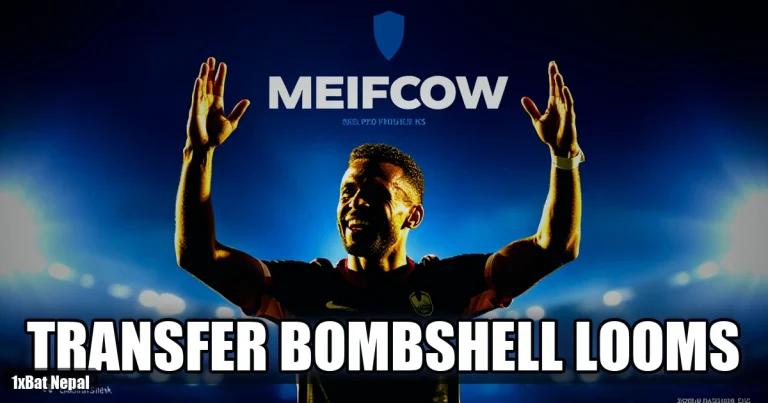 Ousmane Dembele celebrating a goal in a dramatic stadium scene with navy blue and gold lighting, representing his potential Premier League transfer shock