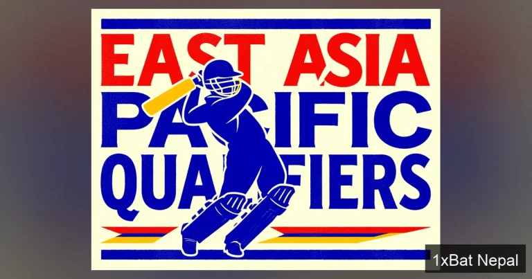 Screen-printed vector art poster of a Japanese cricketer hitting a six during East Asia-Pacific T20 World Cup qualifiers, with bold typography reading EAST ASIA PACIFIC QUALIFIERS in navy blue, crimson red, and gold yellow colors.