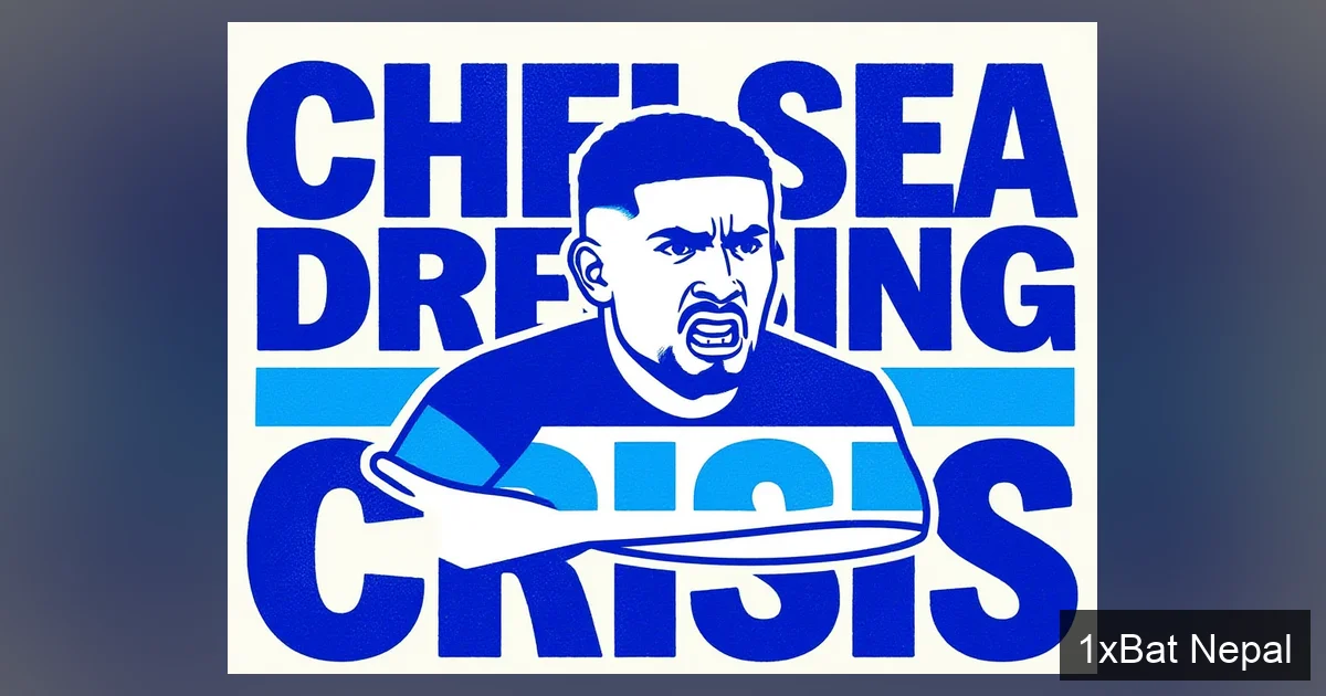 Screen-printed vector art poster of Chelsea midfielder Enzo Fernandez gesturing angrily on pitch with bold text 'Chelsea Dressing Room Crisis' behind him in flat colors navy blue, Chelsea blue, and Argentina sky blue
