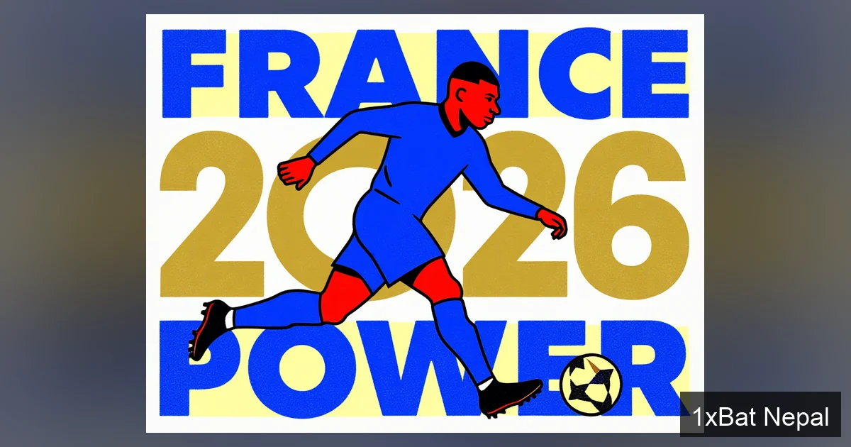 Kylian Mbappe sprinting in a flat vector art style for a France 2026 World Cup power rankings poster, with bold FRANCE 2026 POWER text in blocky typography, using navy blue, crimson red, and gold colors in a minimalist screen-print design.