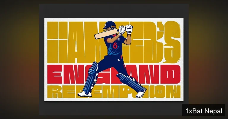 Flat vector art poster of cricketer Haseeb Hameed playing a cover drive with bold HAMEED'S ENGLAND REDEMPTION text, screen-print style in navy, crimson, and gold colors