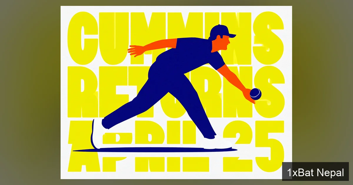Flat vector art poster of Pat Cummins bowling, with bold text 'CUMMINS RETURNS APRIL 25' for IPL 2026 injury update and comeback news.