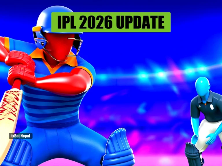 IPL 2026 cricket action: Faceless red-skinned batter in blue India-style jersey swings bat against blue-skinned bowler in generic kit, vibrant stadium background.