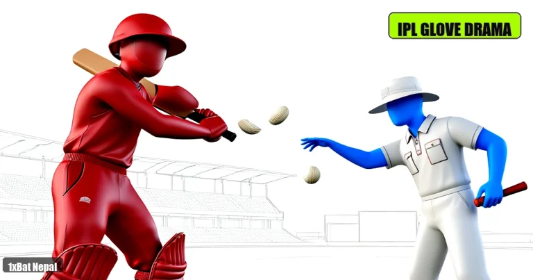 IPL glove controversy: Faceless red cricket batter in Delhi Capitals jersey denied by blue umpire mannequin during 19th over drama, white background sports thumbnail