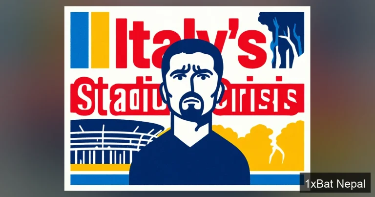 Flat vector art poster showing distressed Italian footballer beside crumbling stadium with bold text 'Italy's Stadium Crisis' in screen-printed style with navy blue, crimson red, and golden yellow colors