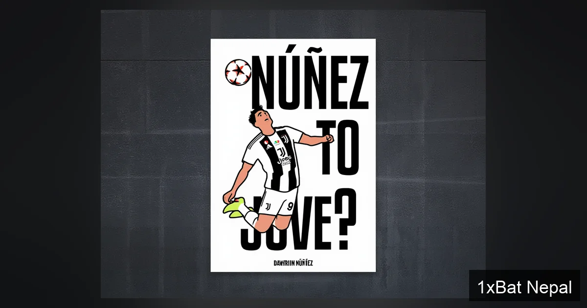 A bold, minimalist screen-printed poster illustration of striker Darwin Núñez in a Juventus kit, jumping to head a football. Stylized flat vector art with thick outlines and solid colors. Large text reads 'NÚÑEZ TO JUVE?' in block letters. Represents Juventus transfer interest in the Al Hilal forward.