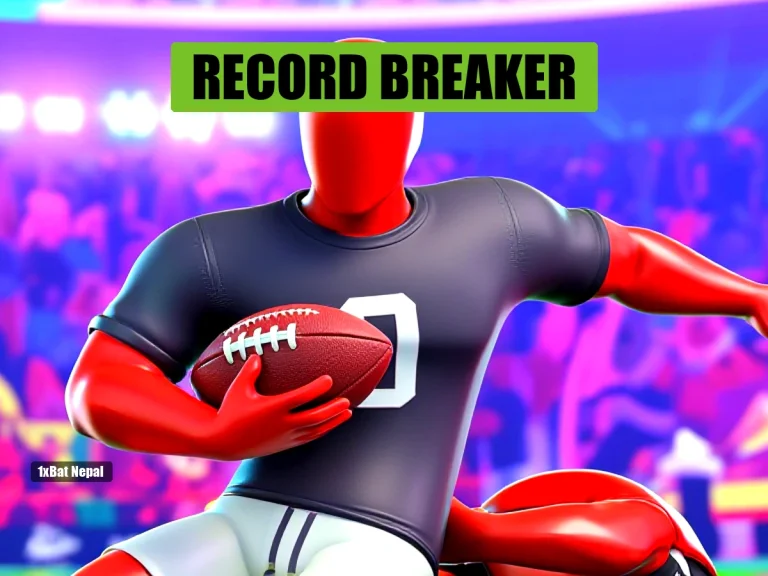 Faceless red-skinned football player in generic charcoal jersey powering through tackle with football, breaking Penn State rushing record in vibrant stadium setting