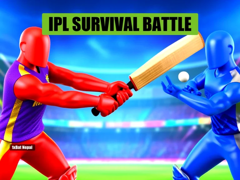 A 3D AI-rendered cricket scene featuring a faceless red-skinned KKR batsman in purple and gold jersey swinging a bat against a blue-skinned GT bowler in dark blue and silver jersey, set in a vibrant stadium with energetic lighting.