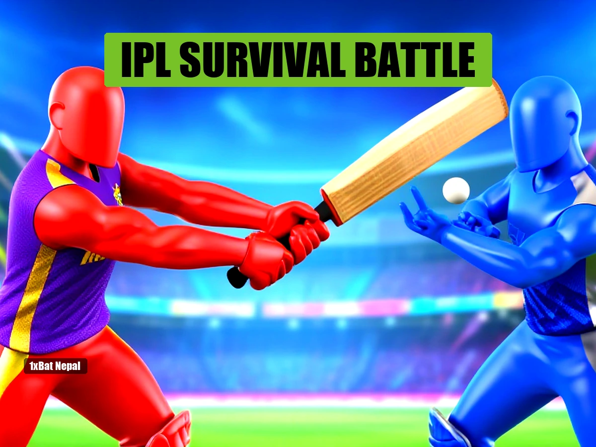 A 3D AI-rendered cricket scene featuring a faceless red-skinned KKR batsman in purple and gold jersey swinging a bat against a blue-skinned GT bowler in dark blue and silver jersey, set in a vibrant stadium with energetic lighting.