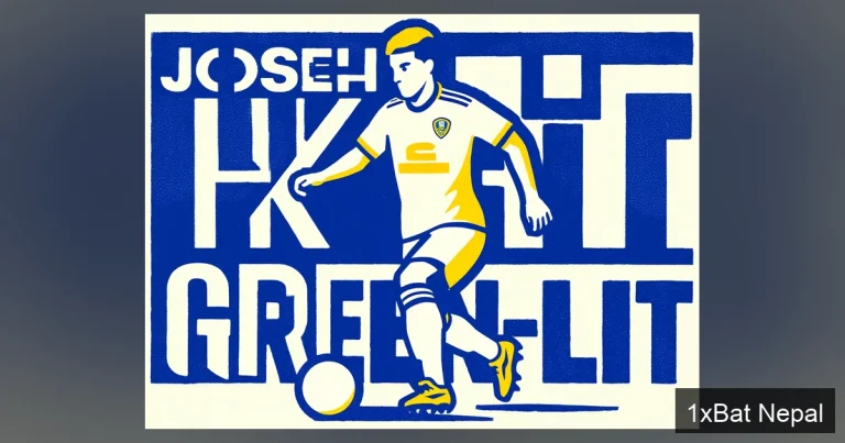 A screen-printed graphic poster design. Flat ink vector art in the style of motion graphics. A Leeds United forward in a dynamic running pose with the ball at his feet, drawn with thick bold outlines and solid color fills (Dark Navy Blue, Vibrant White, Accent Yellow). No 3D, no shading, completely flat. He is perfectly centered. Behind him, massive blocky typography reads exactly 'JOSEPH EXIT GREEN-LIT'. The text is flat and 2D. Subtle halftone film grain texture overlaid. Minimalist, clean, bold, 16:9 aspect ratio, 8k resolution. Negative Prompt: 3D, CGI, render, photorealistic, photograph, shading, depth, gradient, messy composition, chaotic, floating debris, broken objects, messy text, watermarks, signature, extra limbs, bad anatomy.