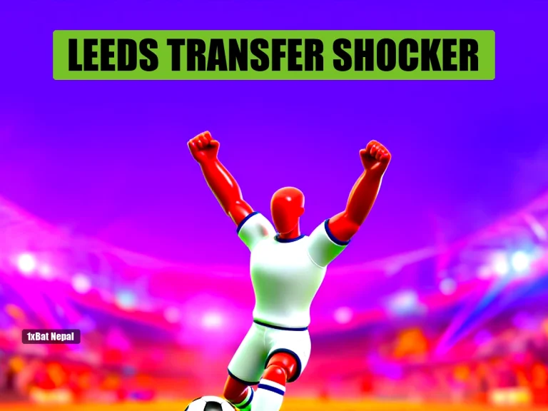 Faceless red-skinned footballer in Leeds United white kit celebrating a goal in a vibrant stadium, representing Lois Openda's potential transfer revival.