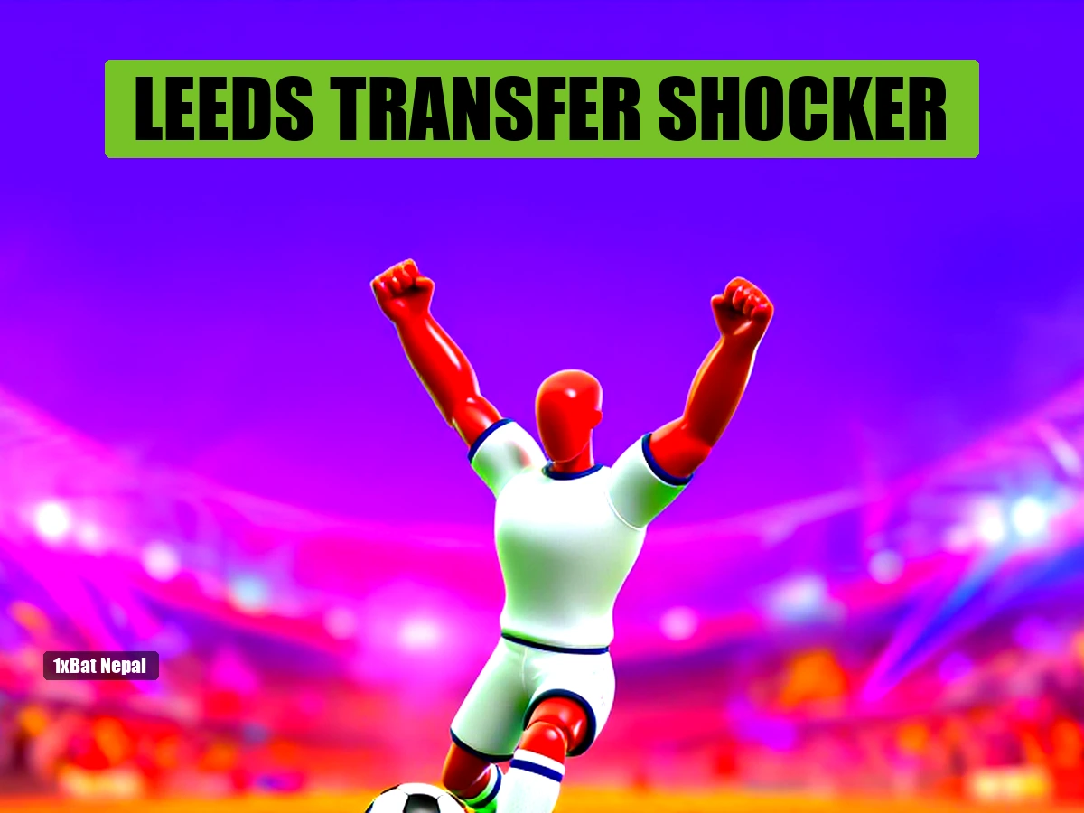 Faceless red-skinned footballer in Leeds United white kit celebrating a goal in a vibrant stadium, representing Lois Openda's potential transfer revival.