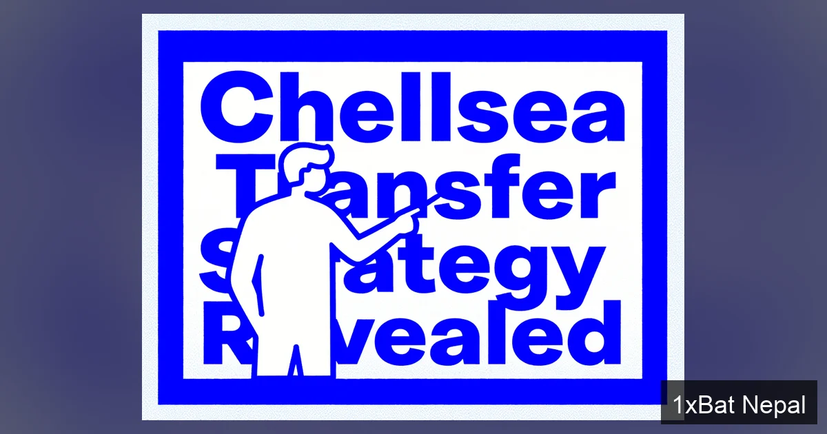 Flat vector art illustration of Chelsea manager Liam Rosenior pointing at a tactical board with bold text 'Chelsea Transfer Strategy Revealed' in the background, using Navy Blue, Chelsea Blue, and White colors in a screen-printed poster style.
