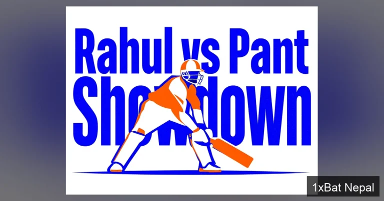 Screen-printed poster of KL Rahul batting in a flat vector style with bold typography reading 'Rahul vs Pant Showdown', highlighting the IPL 2026 clash between Lucknow Super Giants and Delhi Capitals.