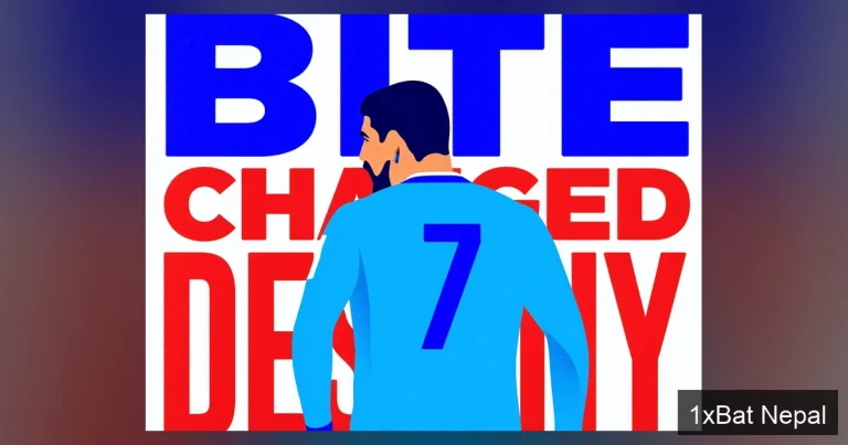 Flat vector art illustration of Luis Suárez biting Giorgio Chiellini during 2014 World Cup with bold text 'BITE CHANGED DESTINY' - representing the transfer-altering incident that redirected his career from Real Madrid to Barcelona.