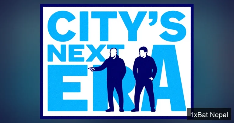 Flat vector art poster of Pep Guardiola and Enzo Maresca standing together with the text 'CITY'S NEXT ERA', symbolizing Manchester City's managerial succession plan in a minimalist, screen-printed style.