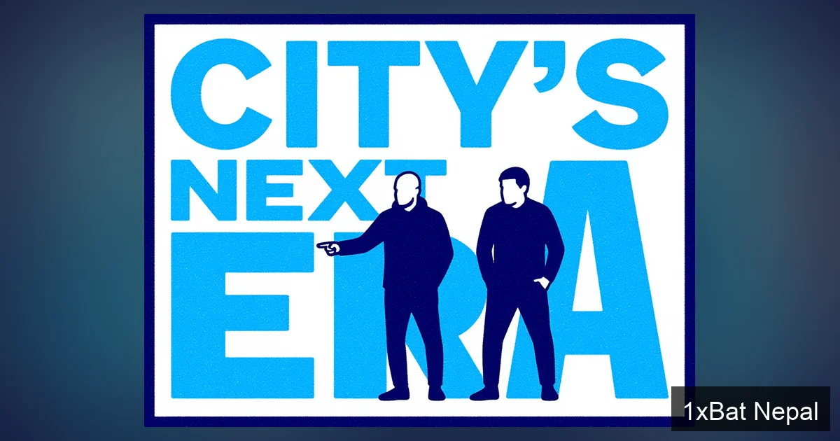 Flat vector art poster of Pep Guardiola and Enzo Maresca standing together with the text 'CITY'S NEXT ERA', symbolizing Manchester City's managerial succession plan in a minimalist, screen-printed style.
