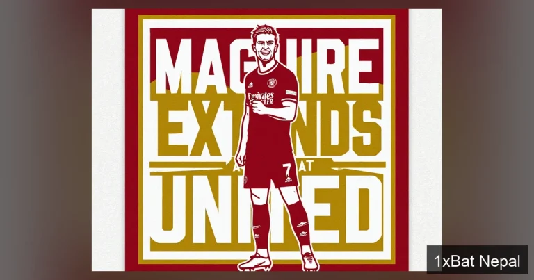 Flat vector art poster of Harry Maguire celebrating with bold text 'MAGUIRE EXTENDS AT UNITED' in Manchester United colors, representing his contract extension announcement.