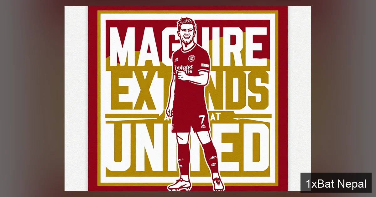 Flat vector art poster of Harry Maguire celebrating with bold text 'MAGUIRE EXTENDS AT UNITED' in Manchester United colors, representing his contract extension announcement.