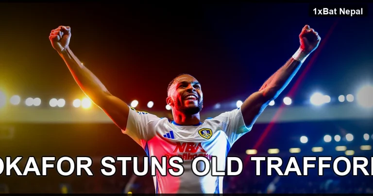 Noah Okafor celebrating Leeds United's late winning goal against Manchester United at Old Trafford in a dramatic Premier League match, with cinematic lighting and stadium atmosphere.