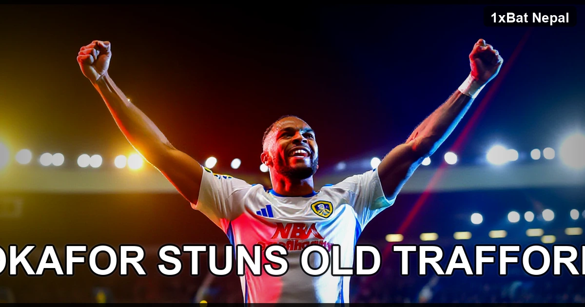 Noah Okafor celebrating Leeds United's late winning goal against Manchester United at Old Trafford in a dramatic Premier League match, with cinematic lighting and stadium atmosphere.