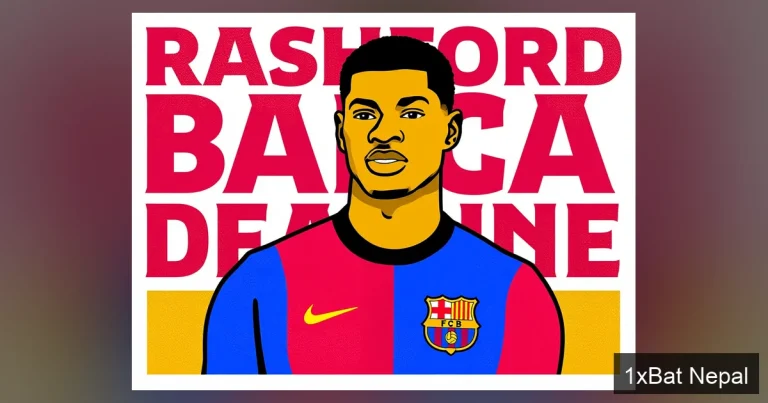 Flat vector art poster of Marcus Rashford celebrating in Barcelona colors with bold RASHFORD BARCA DEADLINE text, illustrating the transfer deadline drama.