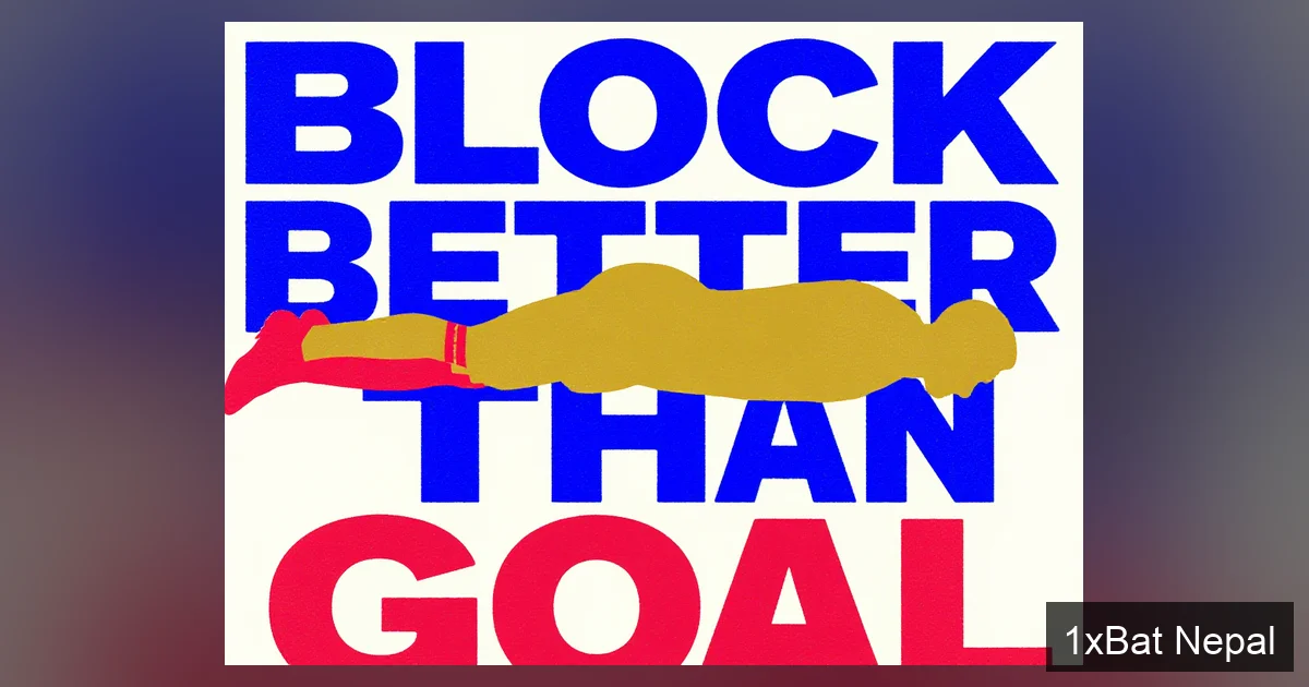 Marquinhos goal-line block poster: Flat vector art of PSG defender Marquinhos making a crucial horizontal save, with bold text 'BLOCK BETTER THAN GOAL' in navy blue, crimson red, and gold colors, minimalist sports graphic style.