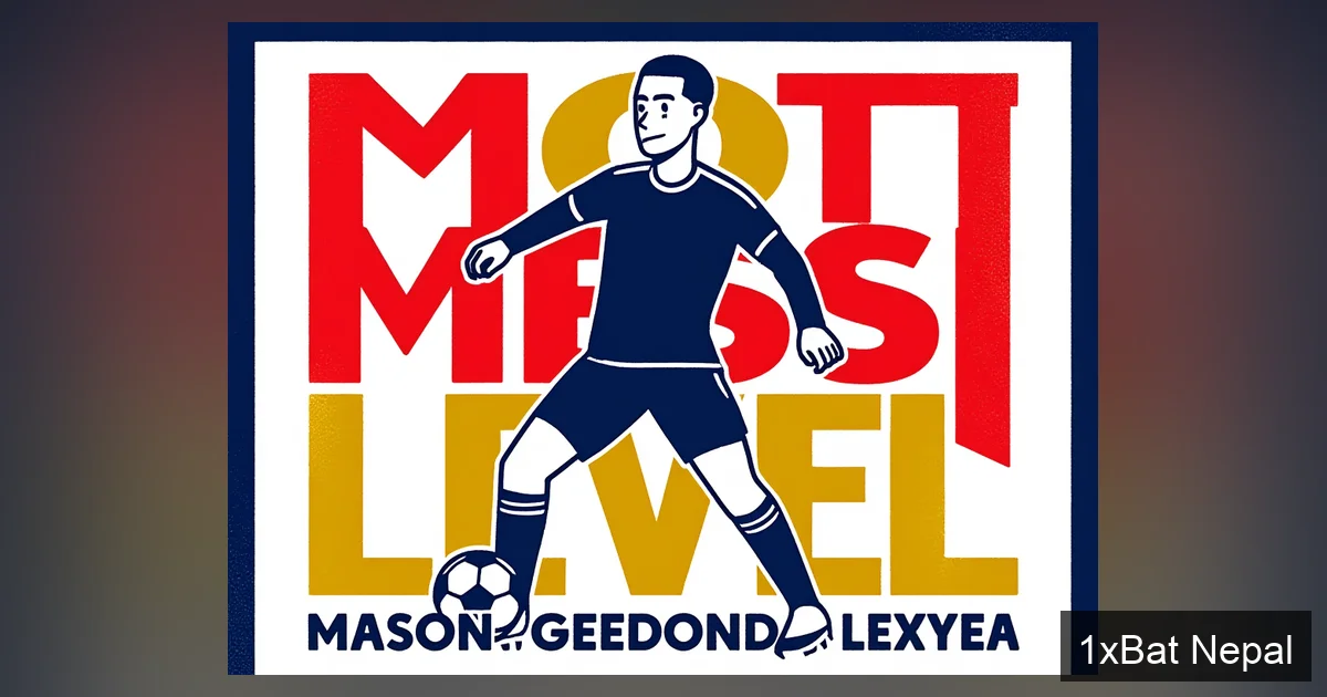 Flat vector art poster of Mason Greenwood dribbling with bold text 'NOT MESSI LEVEL' behind him, in a screen-printed style with navy, red, and yellow colors.
