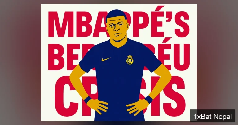 Screen-printed vector art poster of Kylian Mbappé in Real Madrid kit during Champions League crisis, with bold typography reading 'Mbappé's Bernabéu Crisis' in flat colors.
