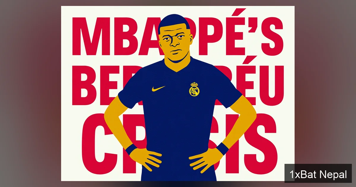Screen-printed vector art poster of Kylian Mbappé in Real Madrid kit during Champions League crisis, with bold typography reading 'Mbappé's Bernabéu Crisis' in flat colors.