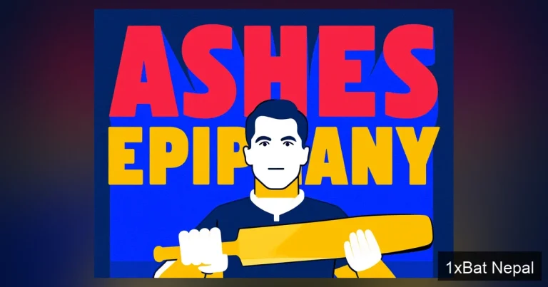 Flat vector art poster of Miles Jupp with a cricket bat gazing at a press box, featuring bold text 'ASHES EPIPHANY' in navy blue, crimson red, and gold yellow colors, illustrating his career shift inspired by the 2005 Ashes.