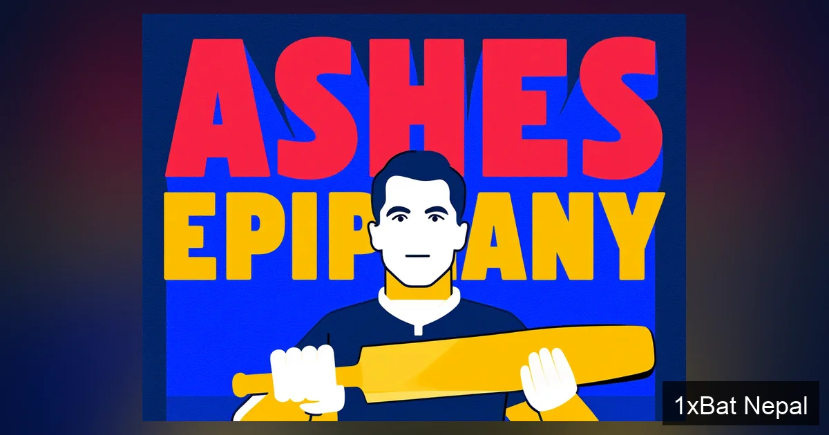 Flat vector art poster of Miles Jupp with a cricket bat gazing at a press box, featuring bold text 'ASHES EPIPHANY' in navy blue, crimson red, and gold yellow colors, illustrating his career shift inspired by the 2005 Ashes.