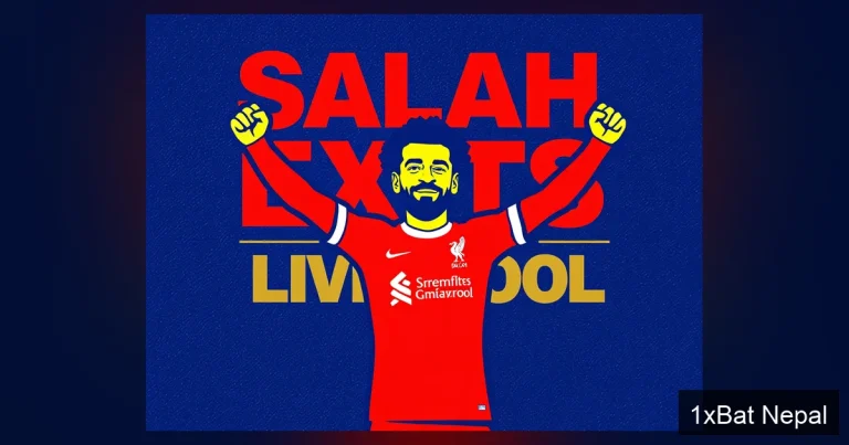 Mohamed Salah Liverpool exit graphic poster: Flat vector art of Salah celebrating in red kit with bold SALAH EXITS LIVERPOOL text, dark navy blue background, red and gold accents, minimalist style.