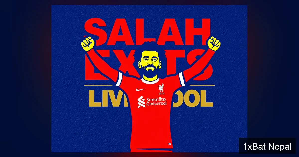 Mohamed Salah Liverpool exit graphic poster: Flat vector art of Salah celebrating in red kit with bold SALAH EXITS LIVERPOOL text, dark navy blue background, red and gold accents, minimalist style.