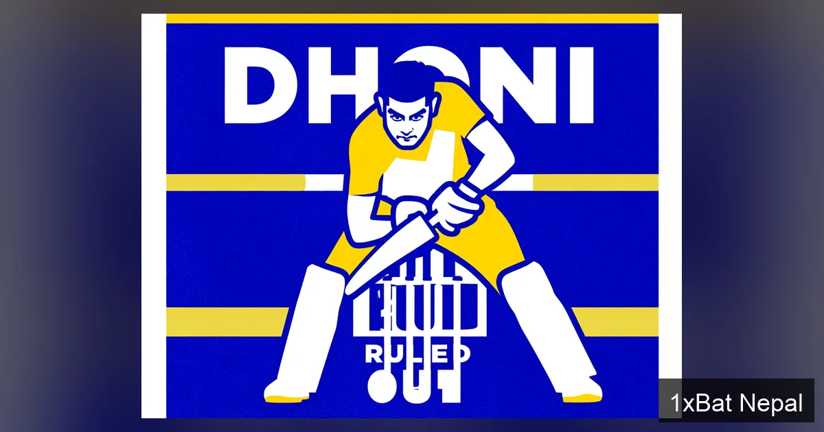 Flat vector art poster of MS Dhoni in batting stance with bold DHONI RULED OUT text, illustrating his injury absence from IPL 2026 cricket match.