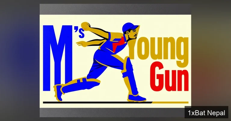 A flat vector art poster of young Mumbai Indians pacer Krish Bhagat bowling, with bold MI's Young Gun text, in navy blue, gold, and red colors.